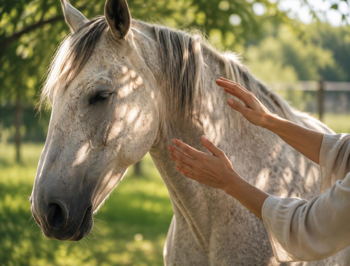Mãos em prática bioenergética junto a um cavalo